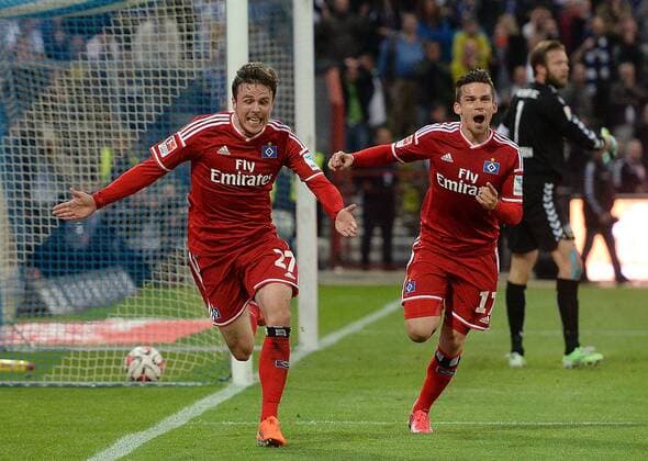 01.06.2015, xjhx, Fussball Relegation, Karlsruher SC - Hamburger SV, v.l. Nicolai Mueller (Hamburger SV), Zoltan Stieber (Hamburger SV) celebrate the goal, Torjubel zum 2:1