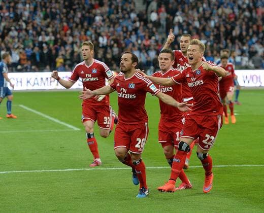 01.06.2015, xjhx, Fussball Relegation, Karlsruher SC - Hamburger SV, v.l. Marcelo Diaz (Hamburger SV) celebrate the goal, Torjubel zum 1:1