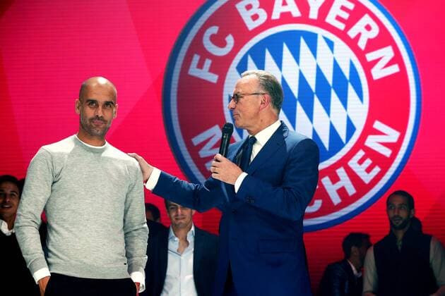 RUMMENIGGE Karl Heinz Praesident Team FC Bayern Muenchen mit Trainer GUARDIOLA Pep beim Meisterschaftsdinner im Hotel Postpalas DFL Bundesliga Saison 2014-2015 Spiel FC Bayern Muenchen-Mainz 05 2 : 0 am 23. Mai 2015 in Muenchen 
