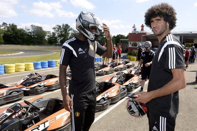 Benteke Christian and Fellaini Marouane FOOTBALL : Entrainement - Belgique - Seance de Karting - 02 06 2015 PhotoNews Panoramic 