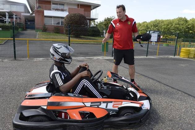 Benteke Christian and Wilmots Marc head coach of Belgian Team FOOTBALL : Entrainement - Belgique - Seance de Karting - 02 06 2015 PhotoNews Panoramic 