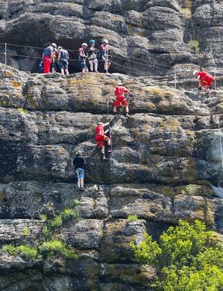 SOCCER - OEFB, team training course STEGERSBACH,AUSTRIA,03.JUN.15 - SOCCER - OEFB, Oesterreichischer Fussball-Bund, team training course, climbing at Riegersburg crag. Image shows players of AUT. GEPAxpictures xCh.xKelemen