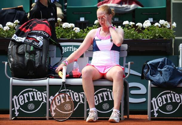 - PARIS, FRANCE: Belgian Alison Van Uytvanck looks dejected during the women s singles quarterfinal game between Belgian Alison Van Uytvanck WTA Tennis Damen 88) and Swiss Timea Bacsinszky (WTA 23) at the Roland Garros French Open tennis tournament, in Paris, France, Wednesday 03 June 2015. The Roland Garros Grand Slam takes place from 24 May to 07 June 2015. VIRGINIExLEFOUR  x04636353x