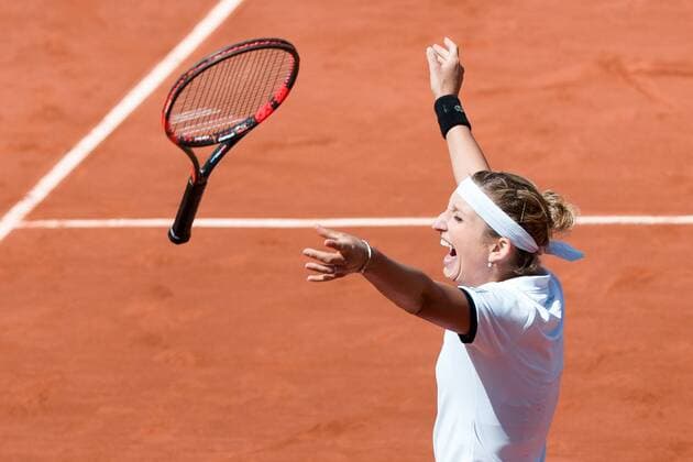 June 3, 2015: Timea Bacsinszky of Switzerland celebrates after winning a Quarterfinal match against Alison Van Uytvanck of Belgium on day eleven of the 2015 French Open tennis tournament at Roland Garros in Paris, France. Sydney Low Cal Media. Tennis 2015: French Open JUNE 3 - ZUMAc04_