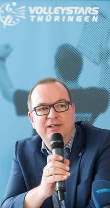 03-06-2015 Suhl- Ringberghotel Pressekonferenz der Volleystars Thüringen. Frank Bleydorn - Pressesprecher Volleayball Bundesliga - Aktion