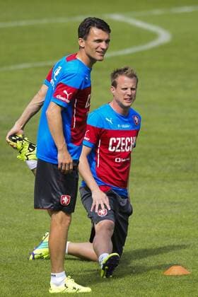 Czech national soccer team is seen during an unofficial meeting prior to the qualification match in Iceland for the European Championships, in Prague, Czech Republic, June 3, 2015. Pictured from left: David Lafata and David Limbersky. (CTKxPhoto MichalxKamaryt) CTKPhotoP201506030793301  kmt 9
