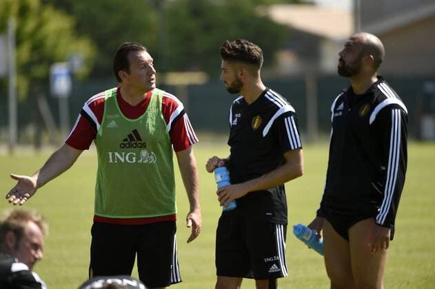 Yannick Ferreira Carrasco - Marc Wilmots ( Coach ) FOOTBALL : Entrainement Belgique - Bordeaux - 04 06 2015 PhotoNews Panoramic 