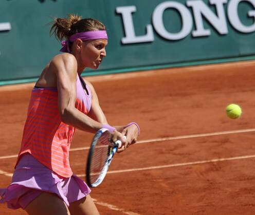 Lucie Safarova of the Czech Republic hits a shot during her French Open women s semifinal match against Ana Ivanovic of Serbia at Roland Garros in Paris on June 4, 2015.  PAR20150604712 DAVIDxSILPA