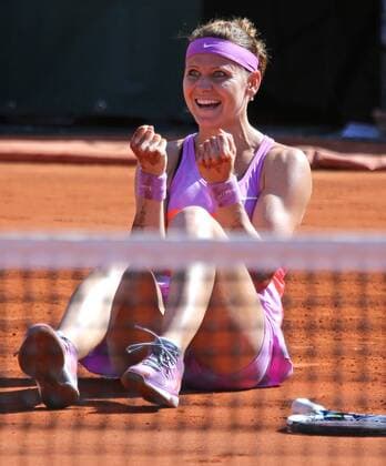 Lucie Safarova of the Czech Republic reacts after winning her French Open women s semifinal match against Ana Ivanovic of Serbia at Roland Garros in Paris on June 4, 2015. Ivanovic defeated Safarova 6-1, 6-3 to advance to the finals.  PAR20150604725 DAVIDxSILPA