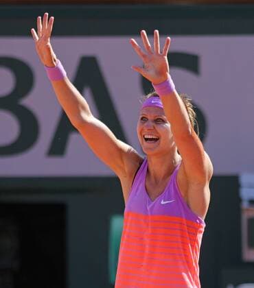 Lucie Safarova of the Czech Republic reacts after winning her French Open women s semifinal match against Ana Ivanovic of Serbia at Roland Garros in Paris on June 4, 2015. Ivanovic defeated Safarova 6-1, 6-3 to advance to the finals.  PAR20150604728 DAVIDxSILPA