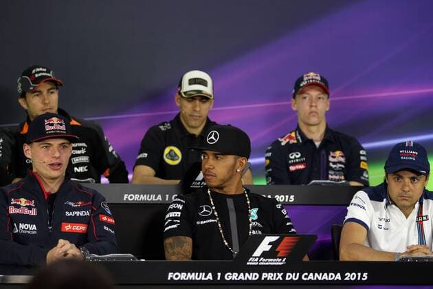 Aktuell Motorsport, Formel 1 GP von Kanada in Montreal, Pressekonferenz der Fahrer Canadian Grand Prix, Montreal 4 - 7 June 2015 04.06.2015 - press conference PK Pressekonferenz (L-R) Sergio Perez (MEX) Sahara Force India F1 VJM08, Pastor Maldonado (VEN) Lotus F1 Team E23, Daniil Kvyat (RUS) Red Bull Racing RB11, Max Verstappen (NED) Scuderia Toro Rosso STR10, Lewis Hamilton (GBR) Mercedes AMG F1 W06 and Felipe Massa (BRA) Williams F1 Team FW37 