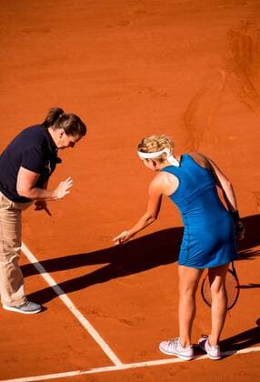 04.06.2015. Paris, France. Roland Garros French Open. Timea Bacsinszky of Switzerland debates a line call with the umpire during her Women s Singles match against Serena Williams of USA on day twelve of the 2015 French Open 2015 in Paris, France. Williams won the match 4-6 6-3 6-0 to move into the final. xBenxPipex  ActionPlus11627563