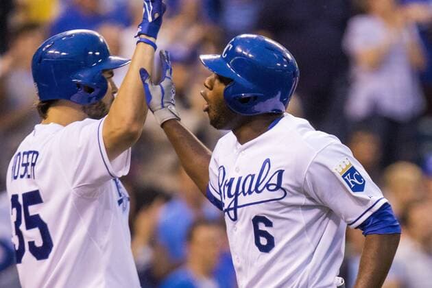 June 04, 2015: Lorenzo Cain 6 of the Kansas City Royals celebrates with his team after connecting on a Trevor Bauer 47 of the Cleveland Indians pitch for a two run home run in the second inning during the MLB Baseball Herren USA game between the Cleveland Indians and the Kansas City Royals at Kauffman Stadium in Kansas City, MO. Kyle Rivas CSM MLB 2015: Indians vs Royals JUN 04 - ZUMAc04_
