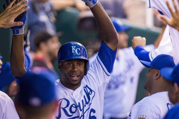 June 04, 2015: Lorenzo Cain 6 of the Kansas City Royals celebrates with his team after connecting on a Trevor Bauer 47 of the Cleveland Indians pitch for a two run home run in the second inning during the MLB Baseball Herren USA game between the Cleveland Indians and the Kansas City Royals at Kauffman Stadium in Kansas City, MO. Kyle Rivas CSM MLB 2015: Indians vs Royals JUN 04 - ZUMAc04_