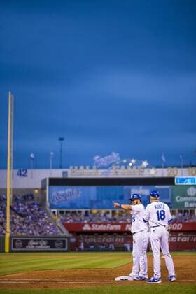 June 04, 2015: Kendrys Morales 25 of the Kansas City Royals points to his teammates in celebrations after connecting with a Trevor Bauer 47 of the Cleveland Indians pitch in the second inning during the MLB Baseball Herren USA game between the Cleveland Indians and the Kansas City Royals at Kauffman Stadium in Kansas City, MO. Kyle Rivas CSM MLB 2015: Indians vs Royals JUN 04 - ZUMAc04_