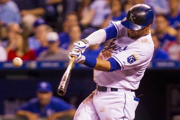 June 04, 2015: Alex Gordon 4 of the Kansas City Royals connects on a pitch in the sixth inning during the MLB Baseball Herren USA game between the Cleveland Indians and the Kansas City Royals at Kauffman Stadium in Kansas City, MO. Kyle Rivas CSM MLB 2015: Indians vs Royals JUN 04 - ZUMAc04_