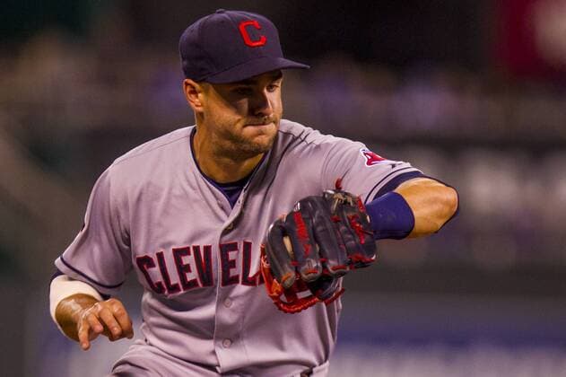 June 04, 2015: Lonnie Chisenhall 8 of the Cleveland Indians snags a ground ball in the sixth inning during the MLB Baseball Herren USA game between the Cleveland Indians and the Kansas City Royals at Kauffman Stadium in Kansas City, MO. Kyle Rivas CSM MLB 2015: Indians vs Royals JUN 04 - ZUMAc04_