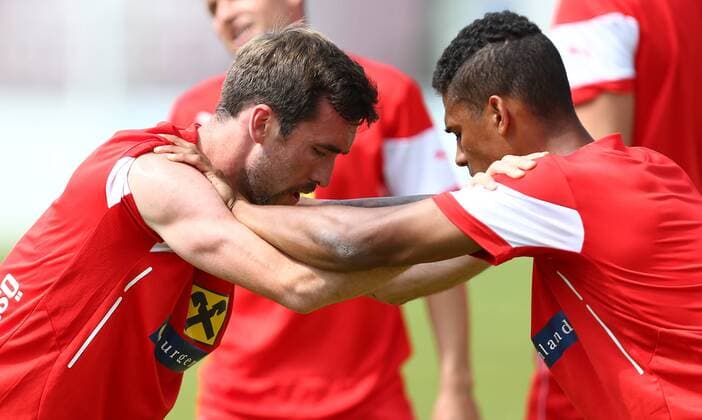 SOCCER - OEFB, team training course STEGERSBACH,AUSTRIA,05.JUN.15 - SOCCER - OEFB, Oesterreichischer Fussball-Bund, team training course. Image shows Christian Fuchs and Rubin Okotie (AUT). GEPAxpictures xCh.xKelemen