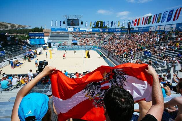 Beach volleyball Beachvolleyball - FIVB Major Series 2015 POREC,CROATIA,06.JUN.15 - BEACH VOLLEYBALL - FIVB Major Series, men. Image shows an overview of the center court. GEPAxpictures xMaticxKlansek