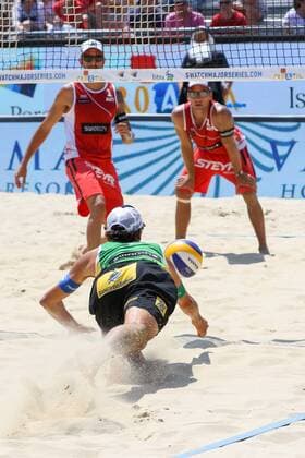 Beach volleyball Beachvolleyball - FIVB Major Series 2015 POREC,CROATIA,06.JUN.15 - BEACH VOLLEYBALL - FIVB Major Series, men. Image shows Emanuel Rego (BRA), Clemens Doppler and Alexander Horst (AUT). GEPAxpictures xMaticxKlansek
