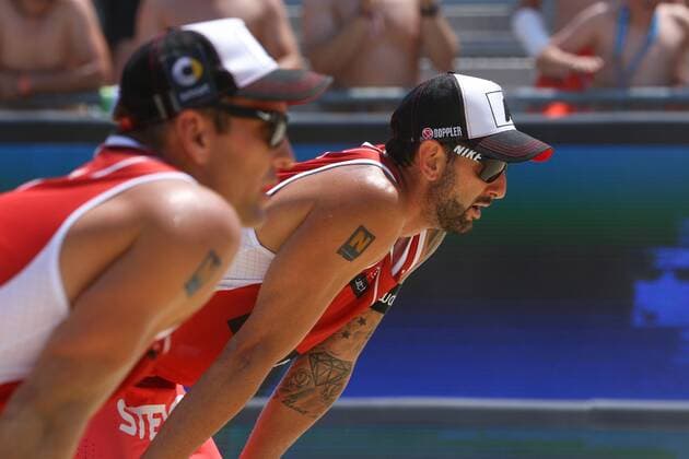 Beach volleyball Beachvolleyball - FIVB Major Series 2015 POREC,CROATIA,06.JUN.15 - BEACH VOLLEYBALL - FIVB Major Series, men. Image shows Clemens Doppler and Alexander Horst (AUT). GEPAxpictures xMaticxKlansek