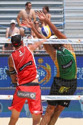 Beach volleyball Beachvolleyball - FIVB Major Series 2015 POREC,CROATIA,06.JUN.15 - BEACH VOLLEYBALL - FIVB Major Series, men. Image shows Clemens Doppler (AUT) and Ricardo Alex Costa Santos (BRA). GEPAxpictures xMaticxKlansek