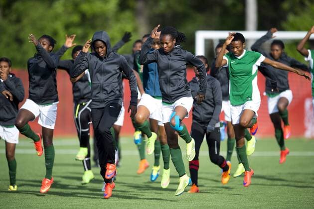June 5, 2015 - Winnipeg - Nigerias Asisat Oshoala and Oerpetua Nkwocha during practice session of Nigeria.. kod CS 57669 News - June 5, 2015  - ZUMAb138
