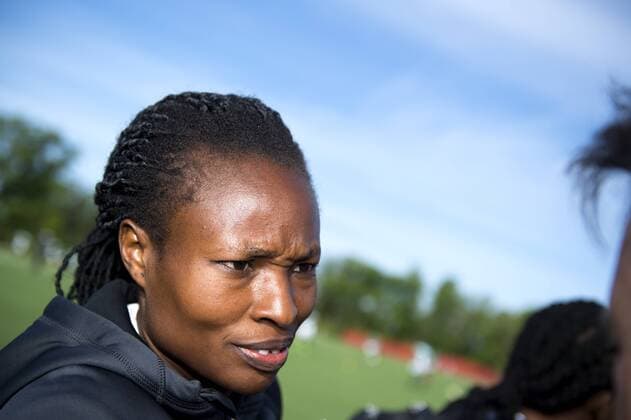 June 5, 2015 - Winnipeg - Nigerias Perpetua Nkwocha blir intervjuad during practice session of Nigeria. kod CS 57669 News - June 5, 2015  - ZUMAb138