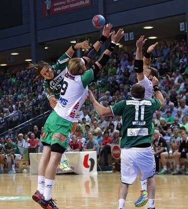 05.06.2015, xovx, Handball HBL, HSG Wetzlar - FA Goeppingen, v.l. Kent Robin Toennesen (HSG Wetzlar), Manuel Spaeth (Frisch Auf Goeppingen), Sebastian Weber (HSG Wetzlar), Daniel Fontaine (Frisch Auf Goeppingen), Aktion.
