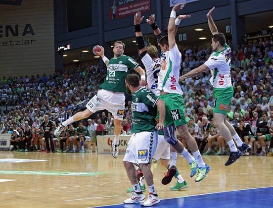05.06.2015, xovx, Handball HBL, HSG Wetzlar - FA Goeppingen, v.l. Steffen Faeth (HSG Wetzlar), Sebastian Weber (HSG Wetzlar), Manuel Spaeth (Frisch Auf Goeppingen), Zarko Sesum (Frisch Auf Goeppingen), Bojan Beljanski (Frisch Auf Goeppingen), Aktion.