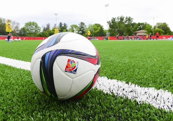 June 5, 2015 - Ottawa, Ontario, Canada - June 05, 2015: The Official Adidas football of the FIFA 2015 Women s World Cup as Team Norway trainin the background at Algonquin College in Ottawa, Canada prior to the start of the competition. Soccer: FIFA 2015 Women s World Cup - Norway Training Session. - ZUMAk120
