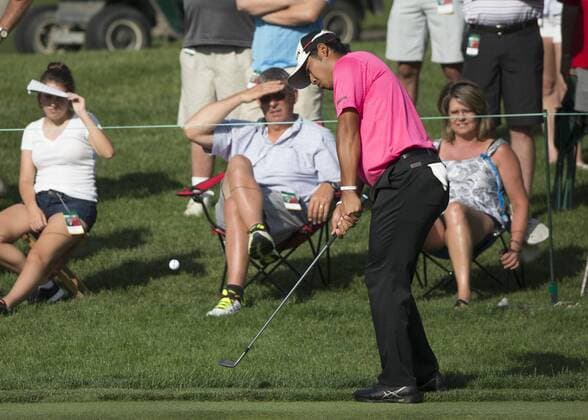 June 05 2015: Hideki Matsuyama chipping the ball into the green during the second round of the Memorial Tournament held at the Muirfield Village Golf Club in Dublin, Ohio. GOLF: JUN 05 PGA Golf Herren - the Memorial Tournament - Second Round Icon150605013 EDITORIAL USE ONLY