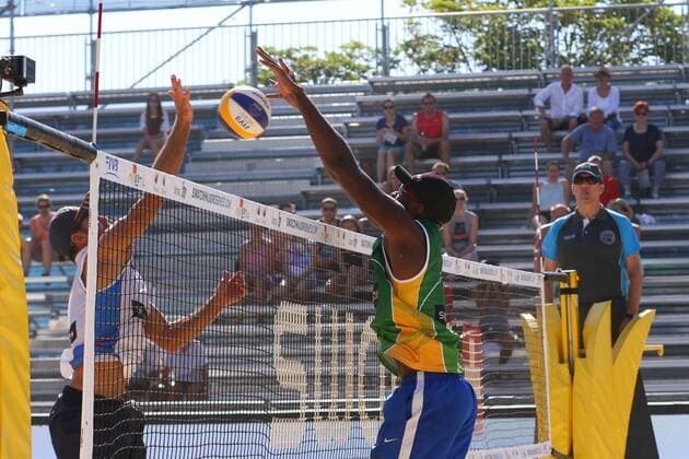 Beach volleyball Beachvolleyball - FIVB Major Series 2015 POREC,CROATIA,06.JUN.15 - BEACH VOLLEYBALL - FIVB Major Series, men. Image shows Edouard Rowlandson (FRA) and Pedro Solberg Salgado (BRA). GEPAxpictures xMaticxKlansek