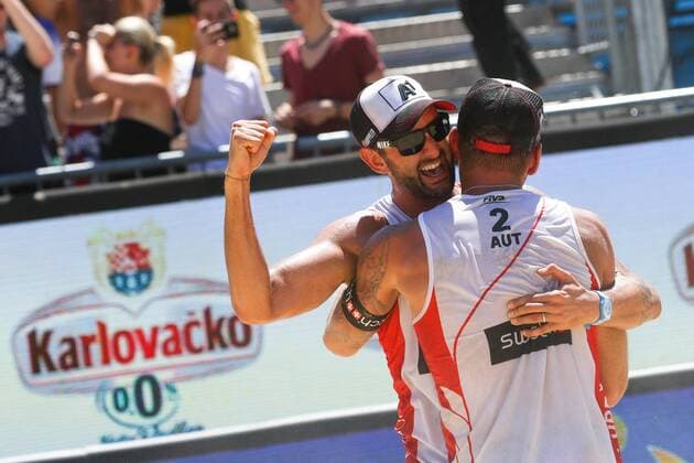 Beach volleyball Beachvolleyball - FIVB Major Series 2015 POREC,CROATIA,06.JUN.15 - BEACH VOLLEYBALL - FIVB Major Series, men. Image shows the rejoicing of Clemens Doppler and Alexander Horst (AUT). GEPAxpictures xMaticxKlansek