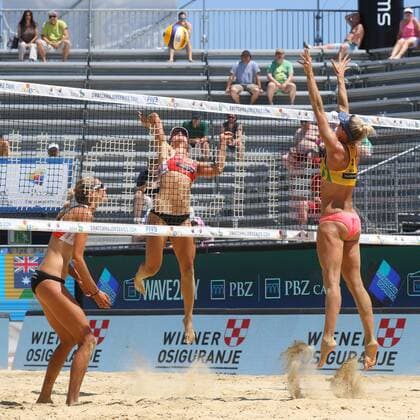 Beach volleyball Beachvolleyball - FIVB Major Series 2015 POREC,CROATIA,06.JUN.15 - BEACH VOLLEYBALL - FIVB Major Series, women. Image shows Heather Bansley, Sarah Pavan (CAN), Louise Bawden and Taliqua Clancy (AUS). GEPAxpictures xMaticxKlansek