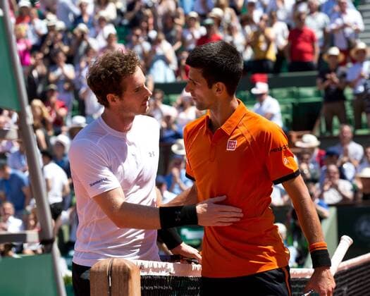 Andy Murray (GBR) gratuliert dem Sieger Novak Djokovic (SRB) am Netz, Tennis - French Open 2015 - Grand Slam ITF ATP Tennis Herren WTA Tennis Damen - Roland Garros - Paris - - France - 6 June 2015. Juergen Hasenkopf