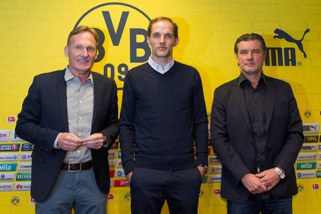 Mittwoch 03.06.2015, Saison 2014 2015, BV Borussia Drotmund Pressekonferenz, vorstellung von Trainer Thomas Tuchel (BVB), Geschaeftsfuehrer Hans-Joachim WATZKE (BVB), Trainer Thomas Tuchel (BVB) und Sportdirektor Michael Zorc (BVB) DeFodi001
