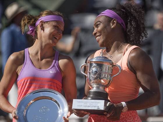 June 6, 2015 Lucie Saferova of Czech Republic and Serena Williams share a moment at the trophy presentation after Williams defeated Safarova in the final of the women s singles at the French Open, Stade Roland Garros, Paris, France TENNIS: JUN 06 French Open Icon250150606293 EDITORIAL USE ONLY