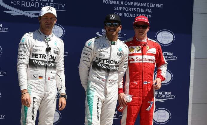 Lewis Hamilton; Pole vor Nico Rosberg; Mercedes Grand Prix, Kimi Räikkönen, Scuderia Ferrari, formula 1 GP, Kanada in Montreal, 06.06.2015 Photo:mspb Jerry Andre Lewis Hamilton; Pole Nico Rosberg; Kimi Raikkoenen, formula 1 GP, Kanada
