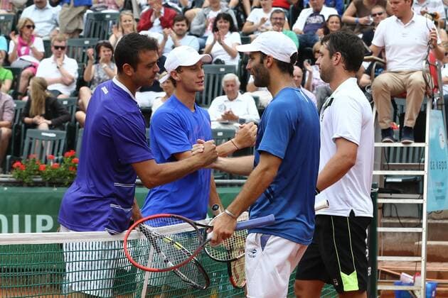 07.06.2015 - Tennis - ATP Tennis Herren Challenger Tour - Franken Challenge 2015 - MaWi - v.l.n.r.: Inigo Cervantes (ESP), Renzo Olivo (ARG), Guillermo Duran (ARG), Horacio Zeballos (ARG) - Handshake nach Spielende Jubel Freude