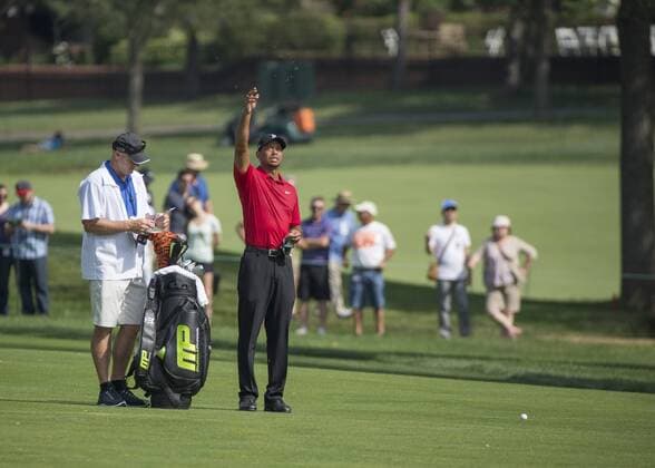 June 07 2015: Tiger Woods throughs grass in the air to check the direction of the wide during the final round of the Memorial Tournament held at the Muirfield Village Golf Club in Dublin, Ohio. GOLF: JUN 07 PGA Golf Herren - the Memorial Tournament - Final Round Icon150607014 EDITORIAL USE ONLY