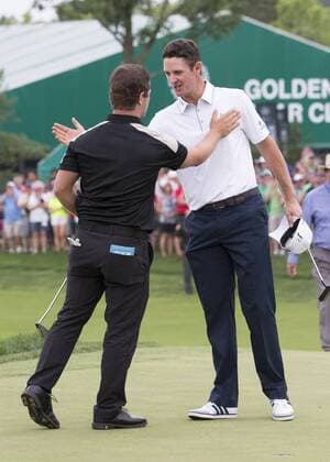 June 07 2015: Winner of the 2015 Memorial Tournament David Lingmerth and runner up Justin Rose after the final round of the Memorial Tournament held at the Muirfield Village Golf Club in Dublin, Ohio. GOLF: JUN 07 PGA Golf Herren - the Memorial Tournament - Final Round Icon150607053 EDITORIAL USE ONLY
