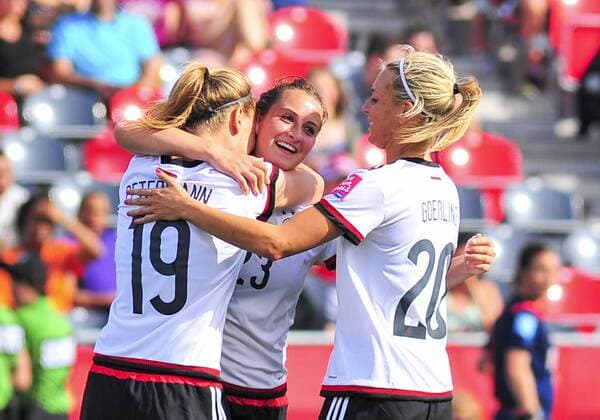 June 07, 2015: Midfielder Sara Debritz ( 23) of Germany Nationalteam is congratulated by team mates Forward Lena Petermann ( 19) of Germany Nationalteam and Midfielder Lena Goessling ( 20) of Germany Nationalteam after scoring during the FIFA 2015 Women s World Cup Group B match between Germany Nationalteam and Elfenbeinküste at Lansdowne Park in Ottawa, Canada. SOCCER: JUN 07 FIFA Women s World Cup - Group B - Germany Nationalteam v Ivory Coast Icon15060700013 EDITORIAL USE ONLY
