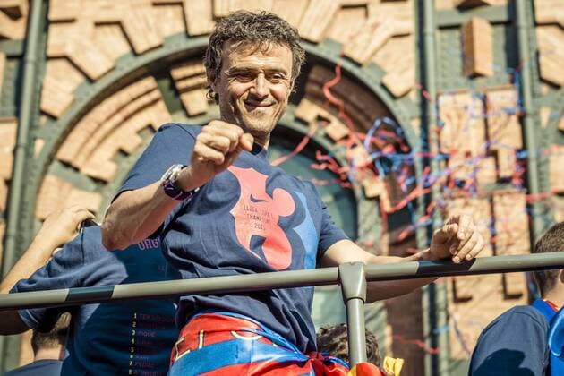 June 7, 2015 - Barcelona, Catalonia, Spain - FC Barcelona Barca s head coach LUIS ENRIQUE celebrates on the top deck of an open-topped bus during the triple victory parade through Barcelona Tens of Thousands attend parade to celebrate FC Barcelona s 2nd Triple win - ZUMAo105