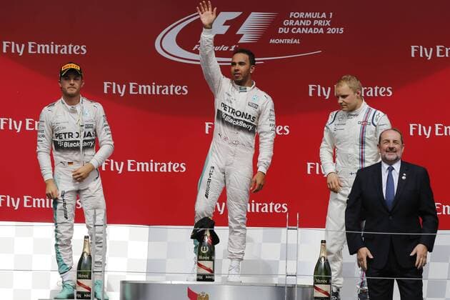 FORMULA 1 GRAND PRIX CANADA, 05. - 07.06.2015 Podium: 2.Platz für Nico Rosberg(GER 6), Mercedes AMG Petronas F1 Team, Sieger Lewis Hamilton (GB 44), Mercedes AMG Petronas F1 Team, 3.Platz für Valtteri Bottas (FIN 77), Williams Martini Racing FORMULA 1 GRAND PRIX CANADA, 05. - 07.06.2015 Hasan Bratic
