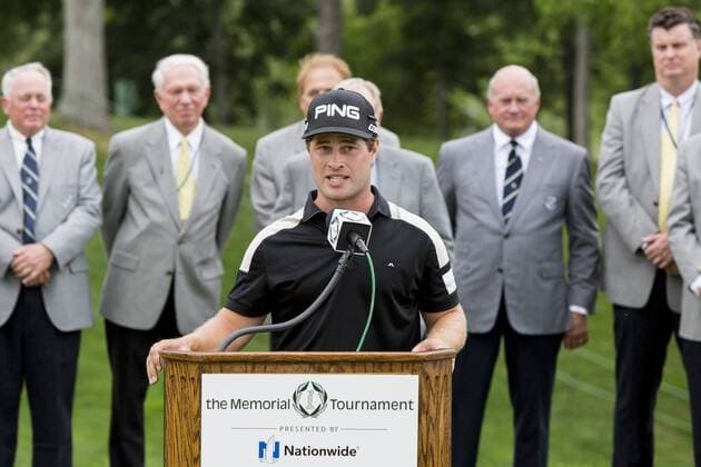 June 7, 2015: Tournament winner David Lingmerth addresses the media and gallery at the conclusion of the final round of the Memorial Tournament presented by Nationwide Insurance held at Muirfield Village Golf Club in Dublin, Ohio. GOLF: JUN 07 PGA Golf Herren - the Memorial Tournament - Final Round Icon1506071136 EDITORIAL USE ONLY