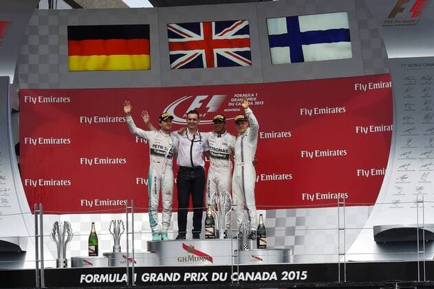 Podium, Nico Rosberg; Lewis Hamilton; Mercedes Grand Prix, Valtteri Bottas, Williams F1 Team, formula 1 GP, Kanada in Montreal, 07.06.2015 Photo:mspb Lukas Gorys Podium, Nico Rosberg; Lewis Hamilton; Valtteri Bottas, formula 1 GP, Kanada