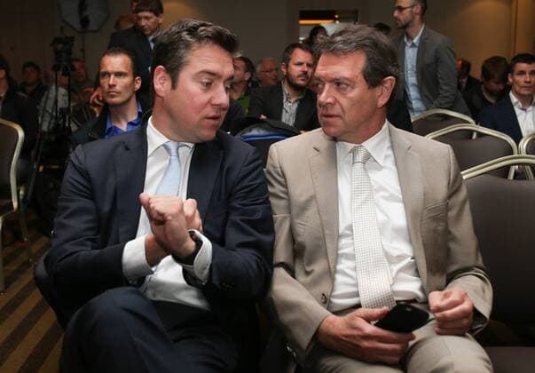 - DIEGEM, BELGIUM: Club s general manager Vincent Mannaert and Gent s manager Michel Louwagie pictured during the calendar presentation for the 2015-2016 season of the Jupiler Pro League, the Belgian first division soccer competition, Monday 08 June 2015 in Diegem. VIRGINIExLEFOUR  x04638347x