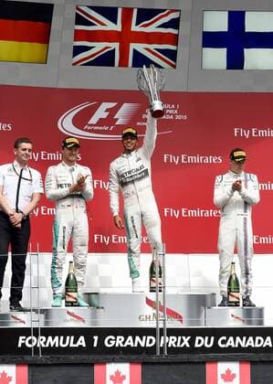 HAMILTON Lewis F1 Team Mercedes AMG bei der Siegeehrung mit ROSBERG Nico und BOTTAS Valteri FIA Grosser Preis von Kanada 2015 in Montreal am 07. Juni 2015 in Montreal 