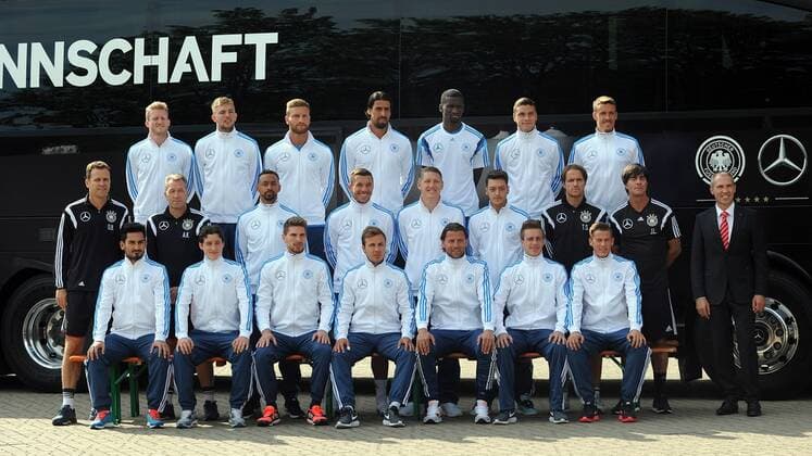 Aktuell Fußball, DFB, Nationalmannschaft Deutschland posiert vor dem neuen Mannschaftsbus Mannschaftsfoto Deutsche Nationalmannschaft am 08.06.2015 in Köln. HM